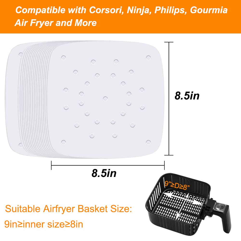 Set Of 200, 8.5 Inch Square Liners/Steaming /Perforated Parchment Paper For Air Fryer, Steaming Basket And More